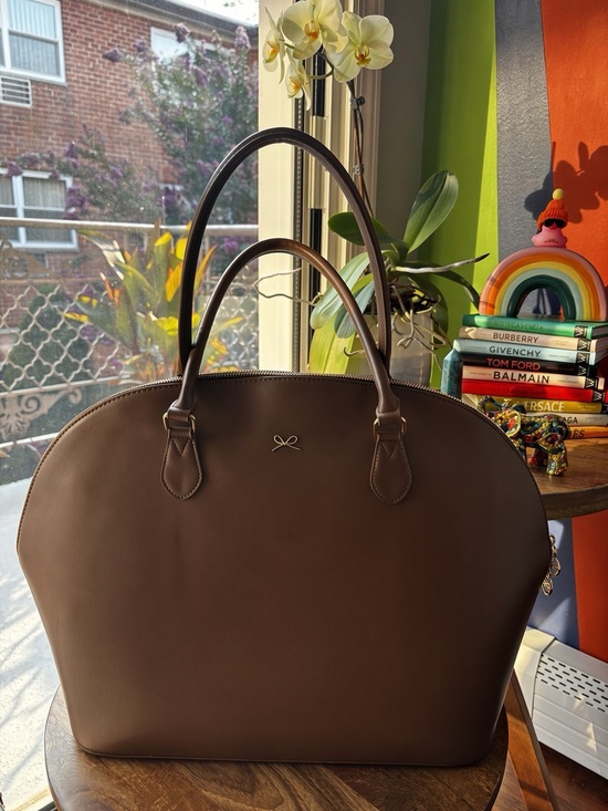None Handbags - Caramel Faux Leather Work Tote Laptop Bag | Gold Bow Details | NWOT